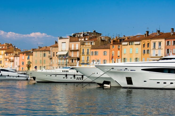 Aerial view of yacht sailing along the French Riviera coast near Saint-Tropez