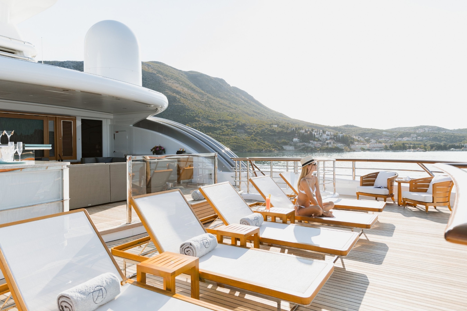 Private sundeck loungers on a luxury yacht charter in the South of France