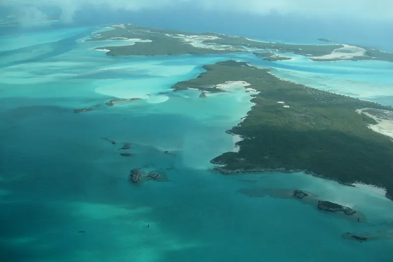 Aerial view of the turquoise shallows and cays of the Exumas, Bahamas