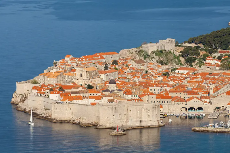 The walled old town of Dubrovnik seen from above the Adriatic