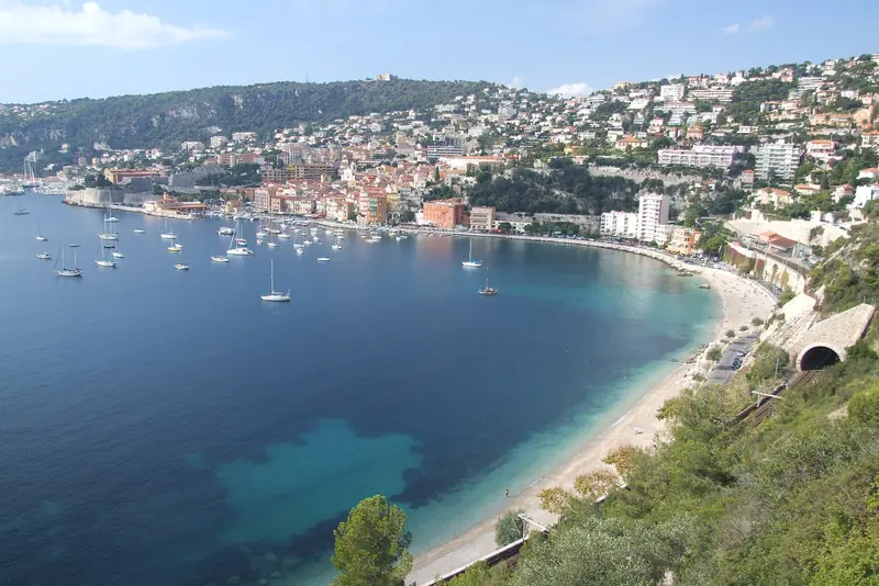 The bay of Villefranche-sur-Mer on the French Riviera with yachts at anchor