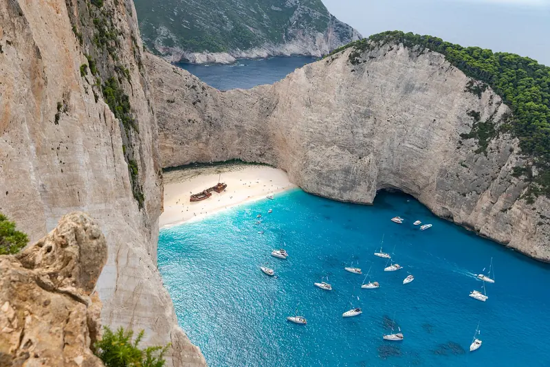 Sailing yachts anchored in Navagio bay, Zakynthos, Greece