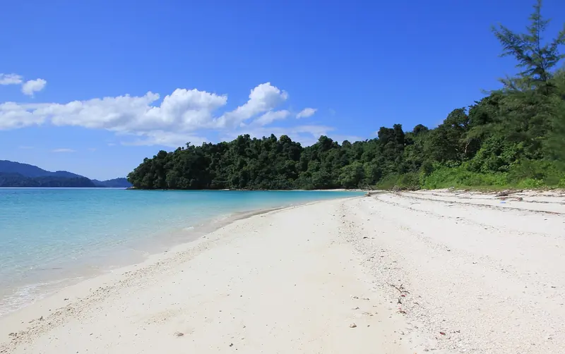 An empty white sand beach in the Mergui Archipelago, Myanmar