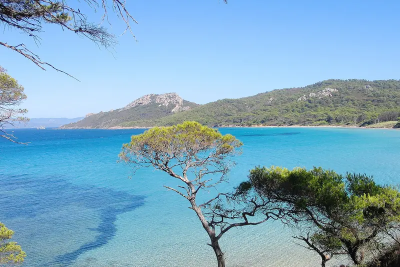 Turquoise water at Plage Notre-Dame on the island of Porquerolles, Provence